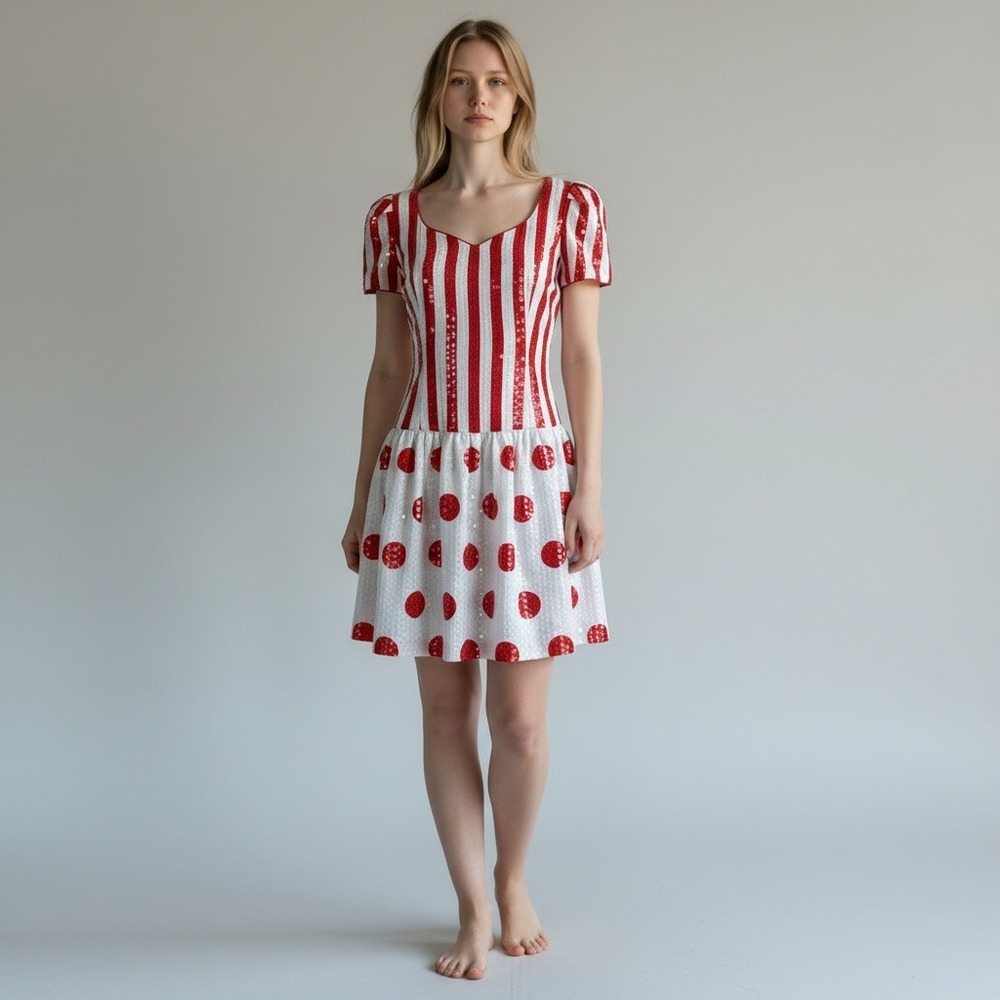 Morton Myles VTG Dress 8 Red White NWT Sequin Stripe Polka Dot Drop Waist Circus